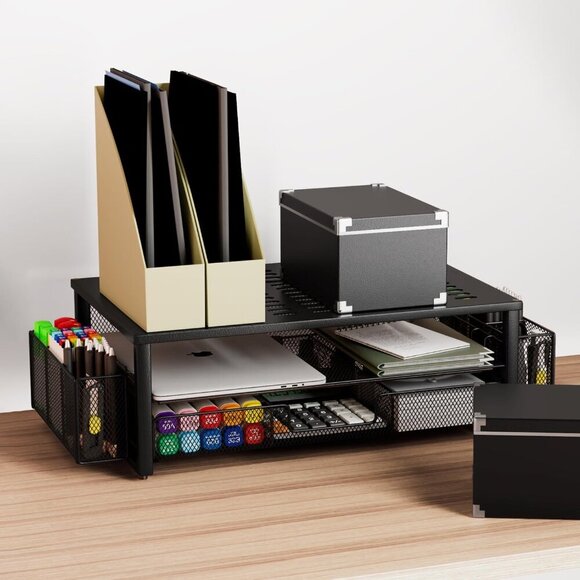 Desk Computer Monitor Stand Riser with Drawer and 2 Pen Holder, Desk Organizer, - Picture 2 of 7
